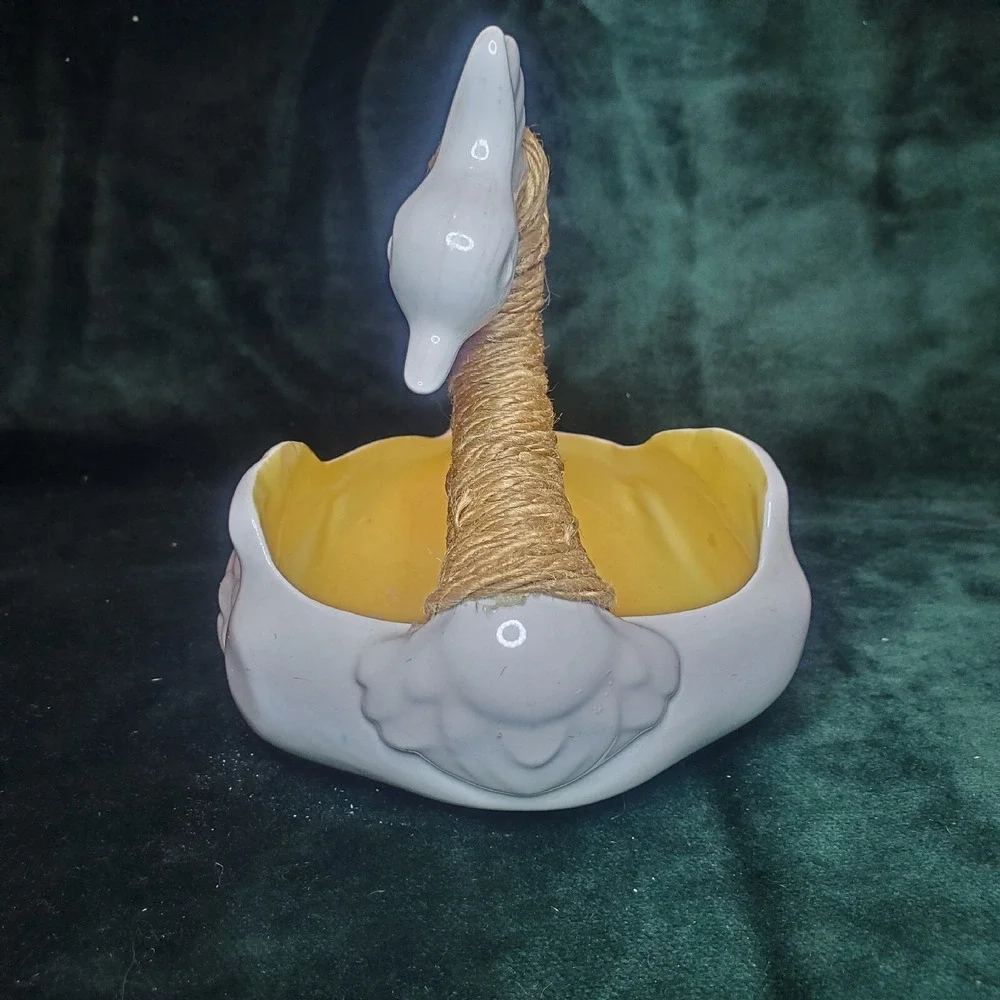 Ceramic Long Neck Swan With Rope Twine Wrapped Neck Candy Trinket Dish Unbranded